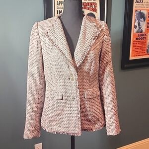 Karl Lagerfeld pink and grey tweed fringe blazer